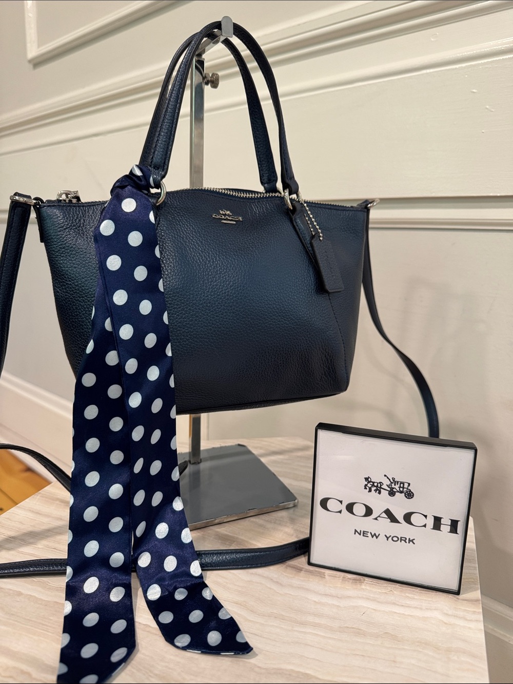 COACH Bag Mini Kelsey Pebbled Leather Metallic Navy Tote Crossbody